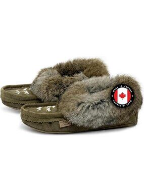 Army Green Soft Sole Women's Suede Slippers with Rabbit Fur Collar - Size 9
